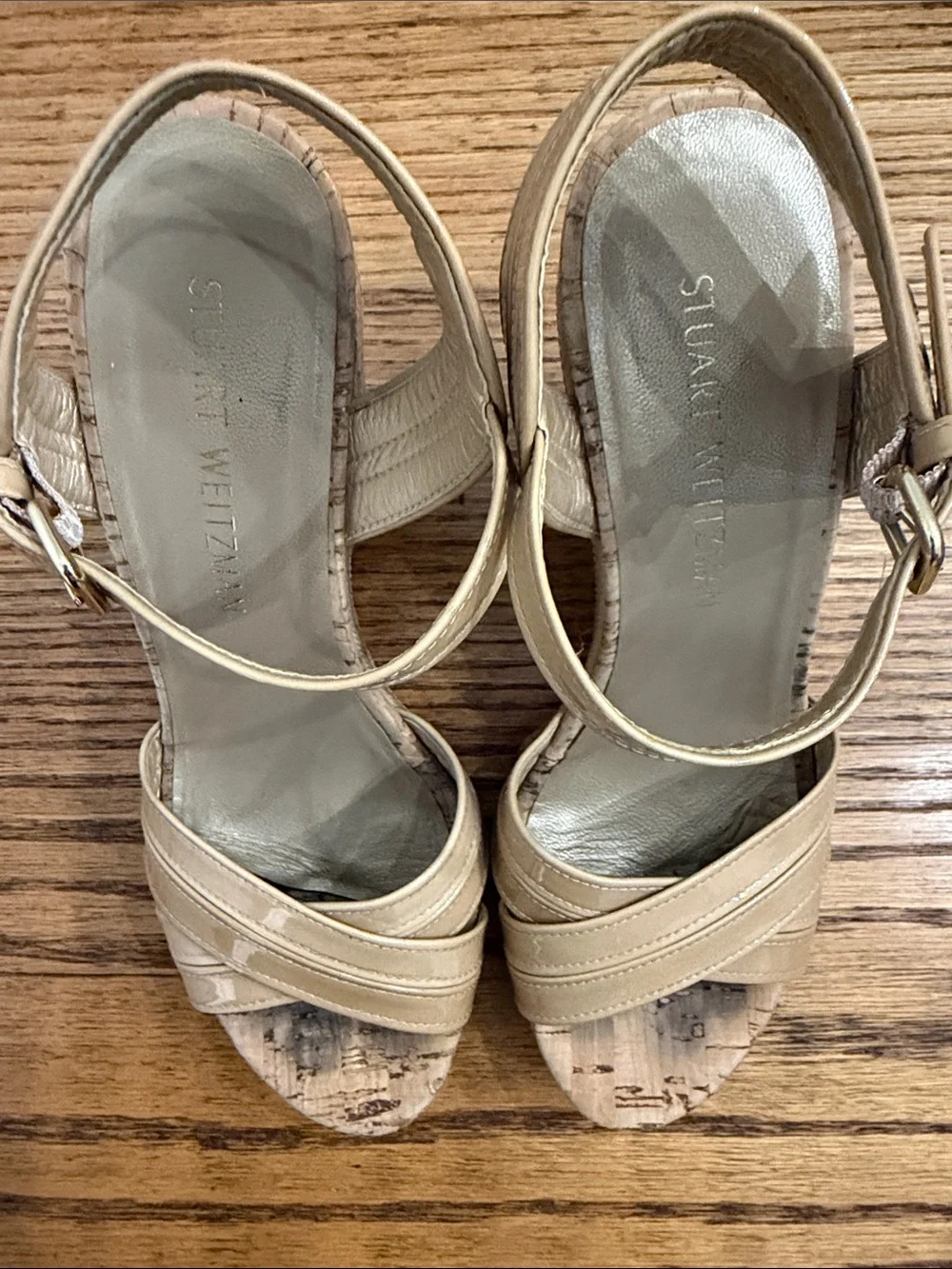 Stuart Weitzman Nude Patent Leather Cork Wedge Sandals - Picture 3 of 6